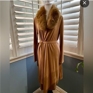 Alice + Olivia Fur Collar Cascading Belted Cardigan Camel Color Size small